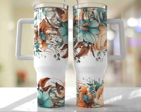 40oz Brown Floral Tumbler with Handle